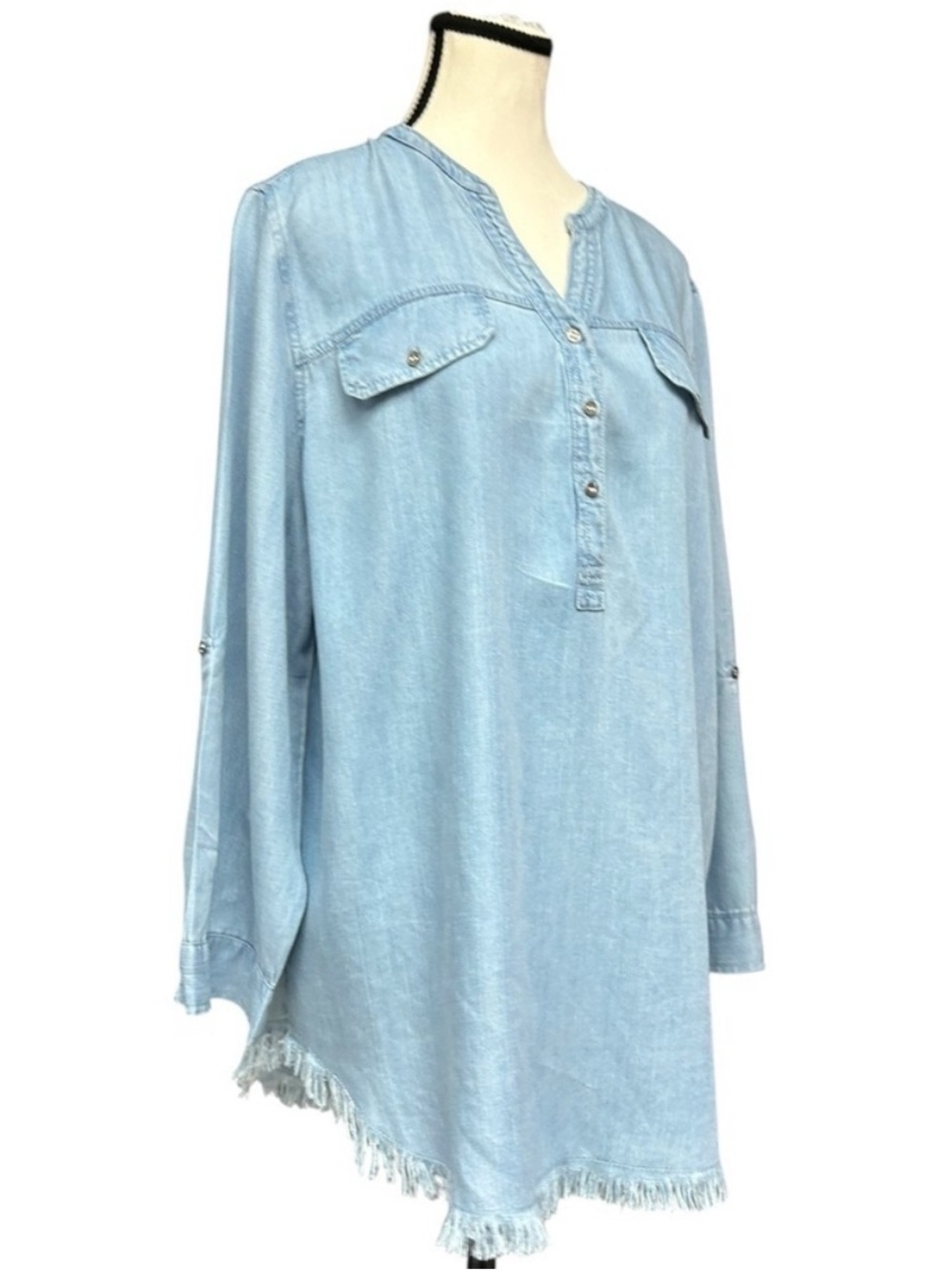Hester & Orchard Light Wash Chambray Tunic Dress Frayed Hem Size L